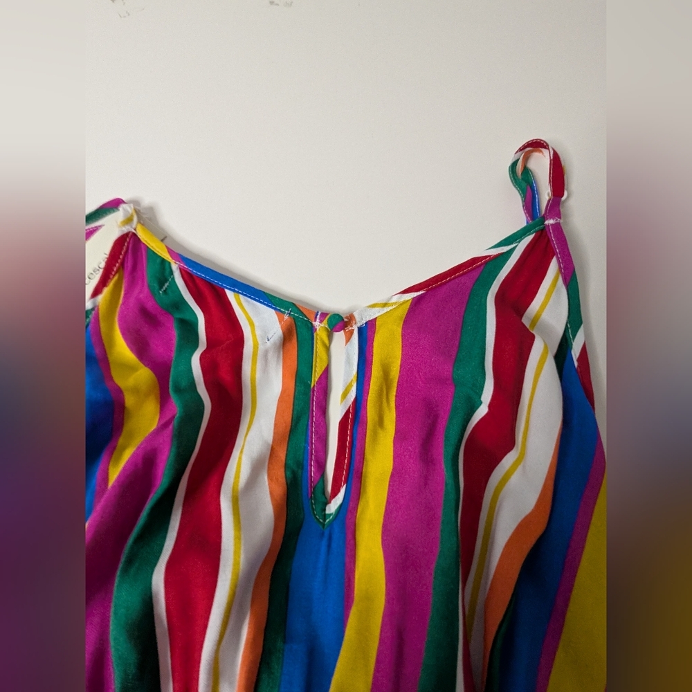 SEE DETAILS - NWT Francesca's Blue Rain Large Rainbow Dress w/ Belted Waist Tie - Picture 7 of 16